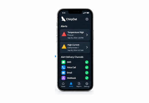 A phone showing a ChirpDat alerts screen with delivery channels.