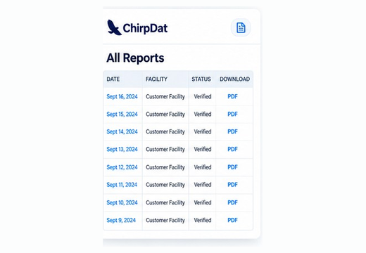 A reports screen listing daily reports, each marked verified with a PDF to download.