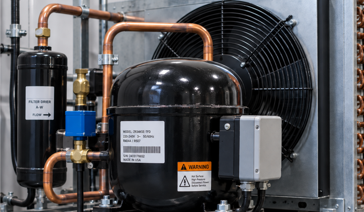 A refrigeration condensing unit: compressor, condenser fan and copper suction lines on a skid, with the nameplate obscured.
