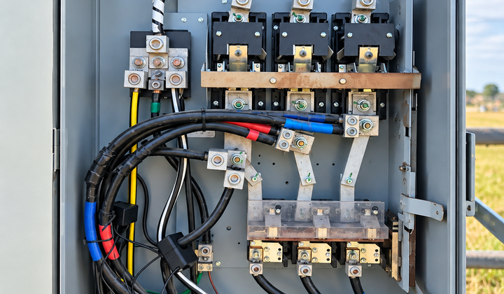A three-phase service panel standing open, its lugs, breakers and feeder cables exposed — the point in a facility where current draw is measured.