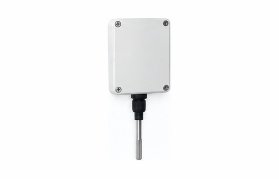A sealed environmental sensor enclosure with a probe extending from its base.